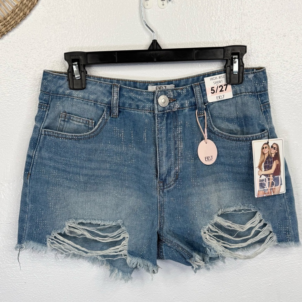 BBJ Los Angeles Denim Shorts Glitter Womens Size 27 Blue High-Rise Distressed
